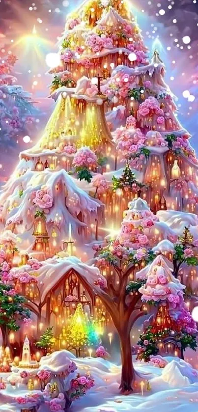 Enchanting snowy tree with flowers and lights in a fantasy landscape.