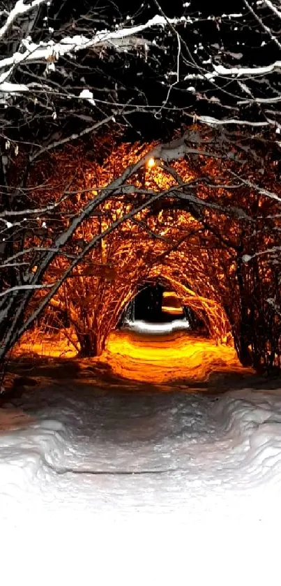 Snowy tunnel with orange glow at night