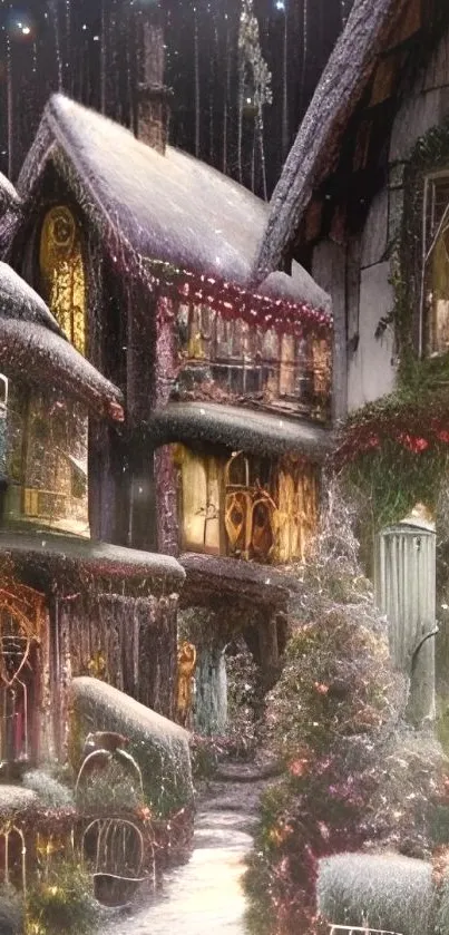 Enchanting snowy village with festive lights and cozy cottages.