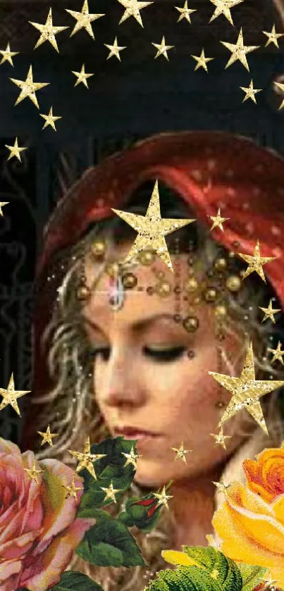 Artistic mobile wallpaper of a woman with stars and roses.