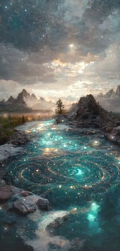 Mystical landscape with starry river under a night sky.