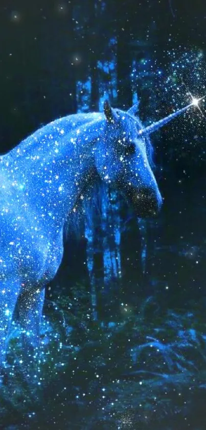 Blue unicorn standing under a starry night sky.