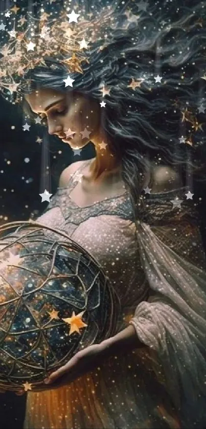 Enchanting celestial figure with glowing orb under starry sky wallpaper.