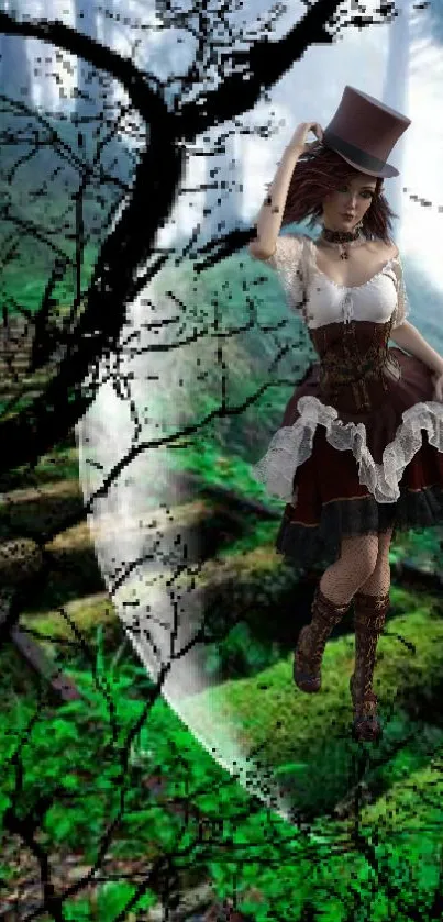 Steampunk woman in a mystical forest with vibrant green scenery.