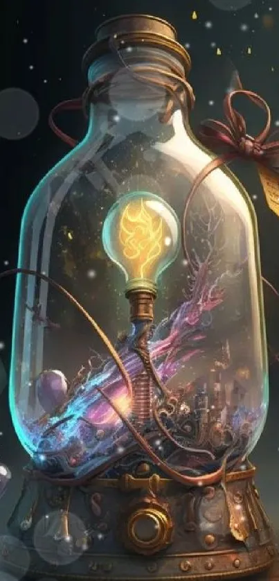 Steampunk lightbulb in a glass jar with magical elements.