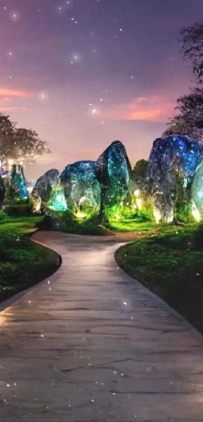 Mystical stone path with vibrant colors at night, creating an enchanting atmosphere.