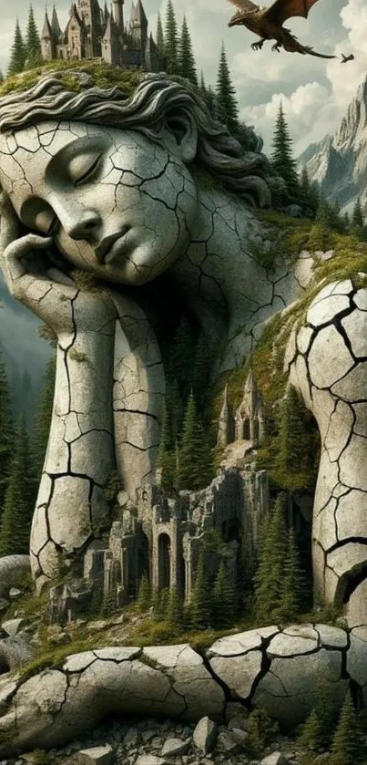 Colossal stone statue in fantasy forest with greenery.
