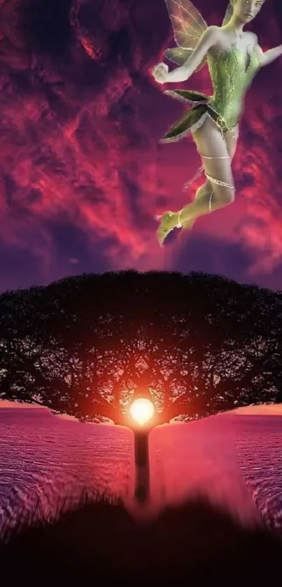 Fairy soaring above a sunset under a tree.