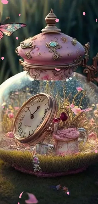 Fantasy teapot with clock and butterfly in garden.