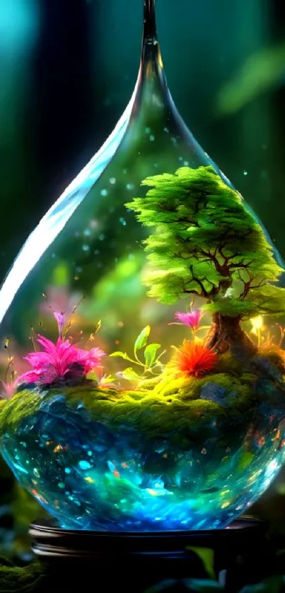 Enchanting terrarium with vibrant greenery and flowers in a mystical setting.