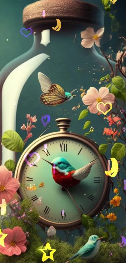 Whimsical glass bottle with clock and nature elements in vintage style.