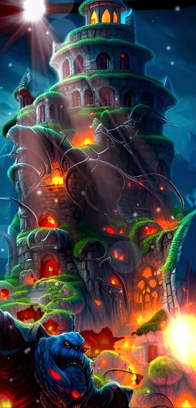 Enchanting tower with glowing lights in a fantasy landscape art illustration.