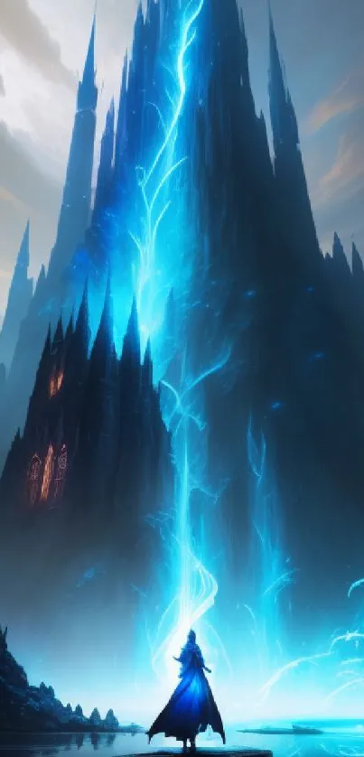 Stunning fantasy wallpaper with a blue lightning tower.