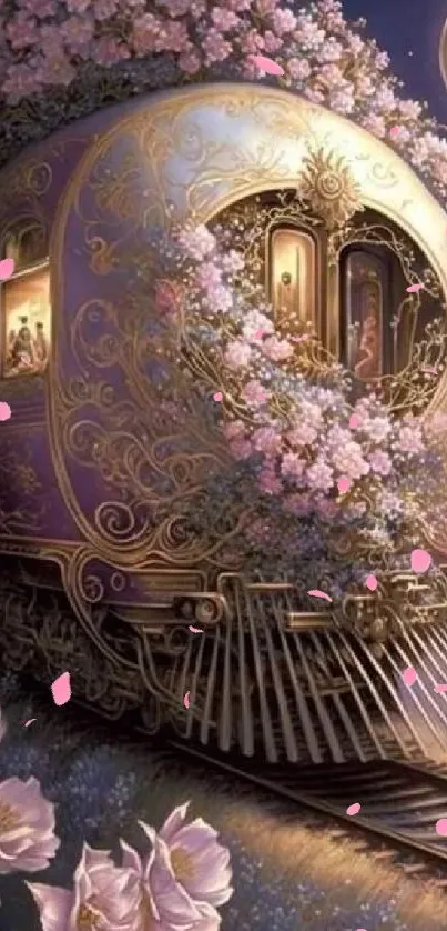 Whimsical train adorned with flowers under a full moon in purple hues.