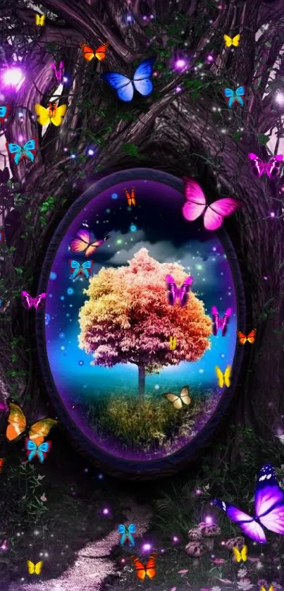 Enchanted tree with butterflies in a magical setting.