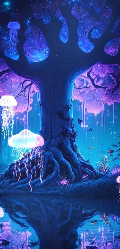 Enchanted tree glowing at night with a reflection in a serene pond.