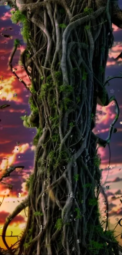 Enchanted tree with vines at sunset, vibrant colors.