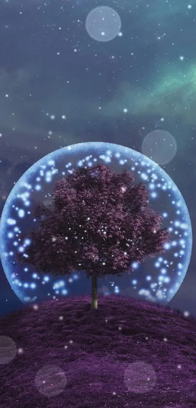 Cosmic night with a glowing purple tree and stars.