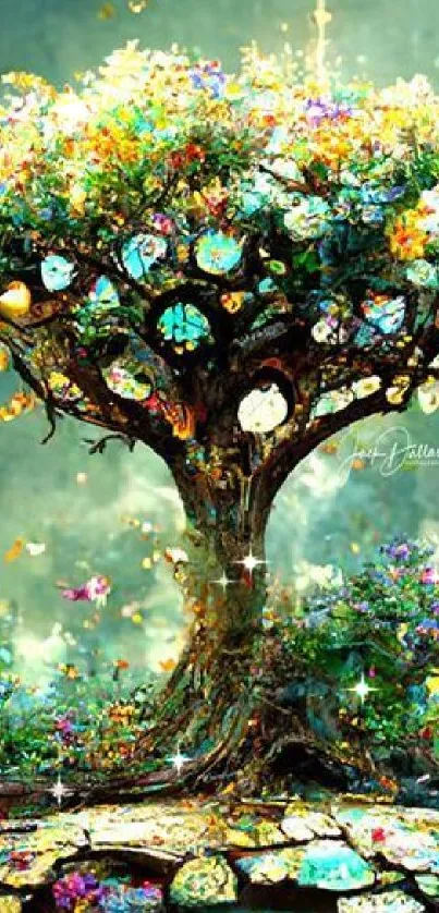 Enchanted tree with butterflies in colorful digital art wallpaper.