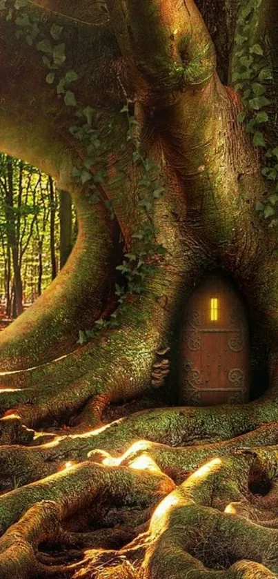 Enchanting tree with glowing door in forest wallpaper.