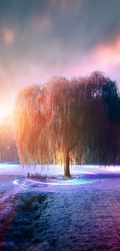 Enchanting tree with swirling lights at sunrise in a fantasy landscape.