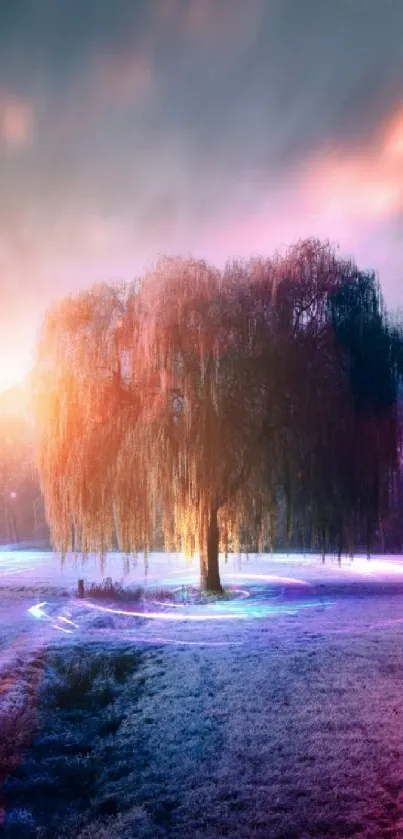 Ethereal fantasy landscape with glowing tree and vibrant colors.