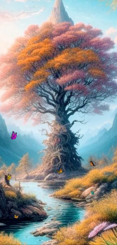 Fantasy landscape with a vibrant tree and butterflies by a flowing stream.