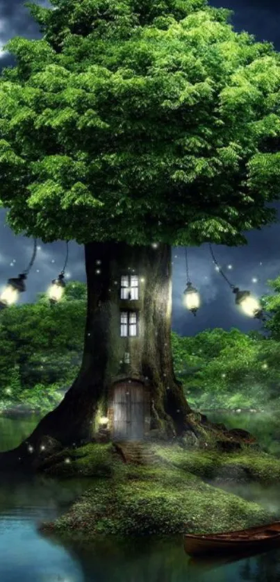 Fantasy mobile wallpaper with an enchanted tree house by a lake.