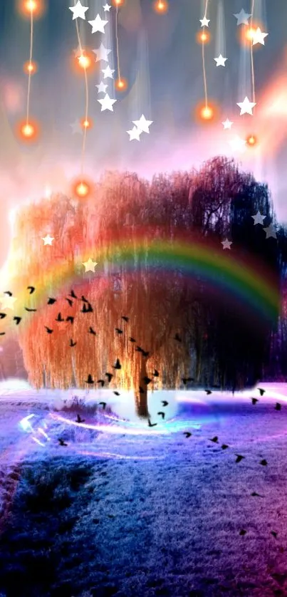 Enchanted wallpaper with magical tree, rainbow, and glowing stars.