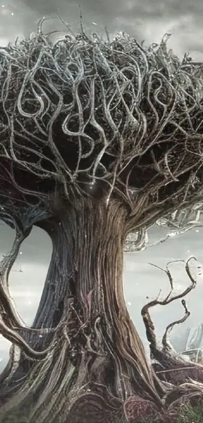 Enchanting tree with intricate branches under a mystical gray sky.