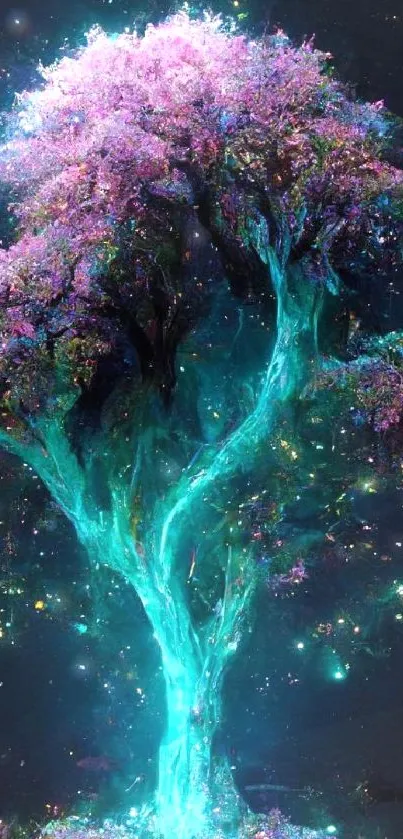 Mystical enchanted tree glowing in vibrant teal hues.