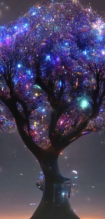 Enchanted tree glowing with multicolored lights in a mystical night scene.