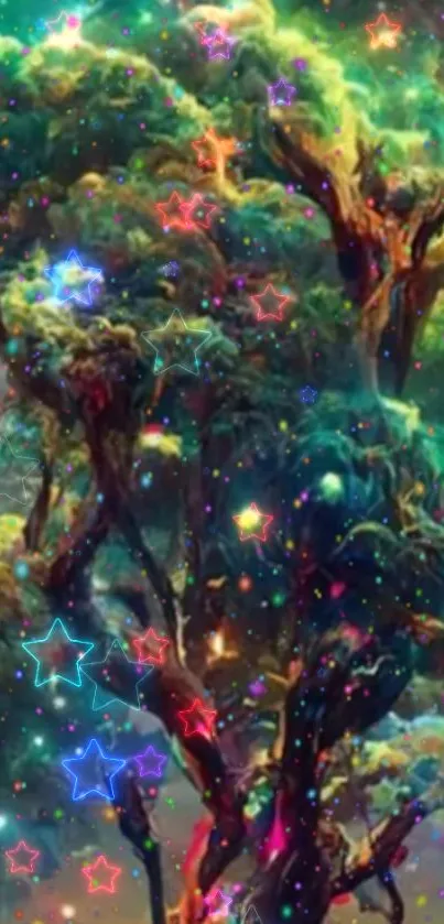 Enchanted tree with colorful stars and galaxy background.