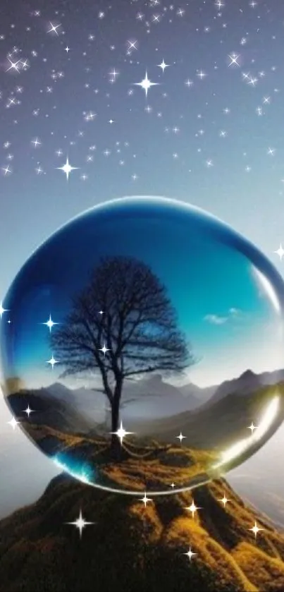 Fantasy wallpaper featuring a tree inside a glass sphere with stars.