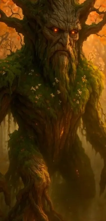 Fantasy tree guardian with glowing eyes in an enchanted forest.