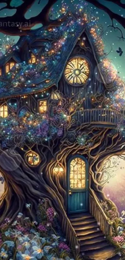 Enchanted tree house with fairy lights at night.