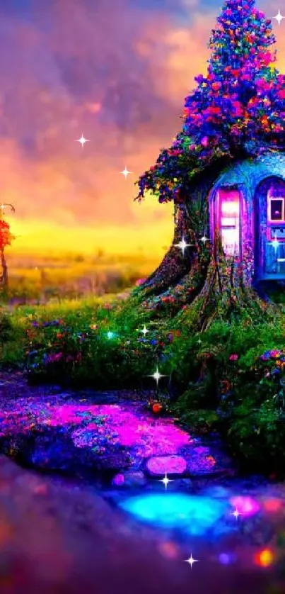 Vibrant enchanted tree house in a magical landscape with colorful sky.