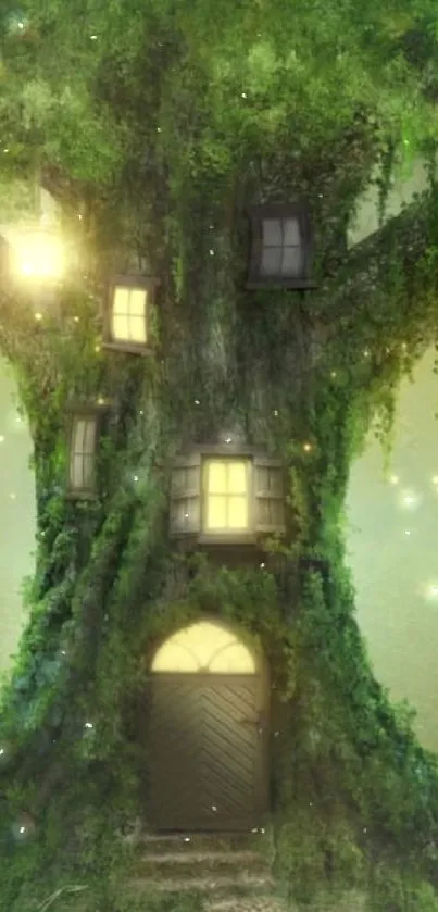 Magical tree house with glowing lanterns and lush green foliage.