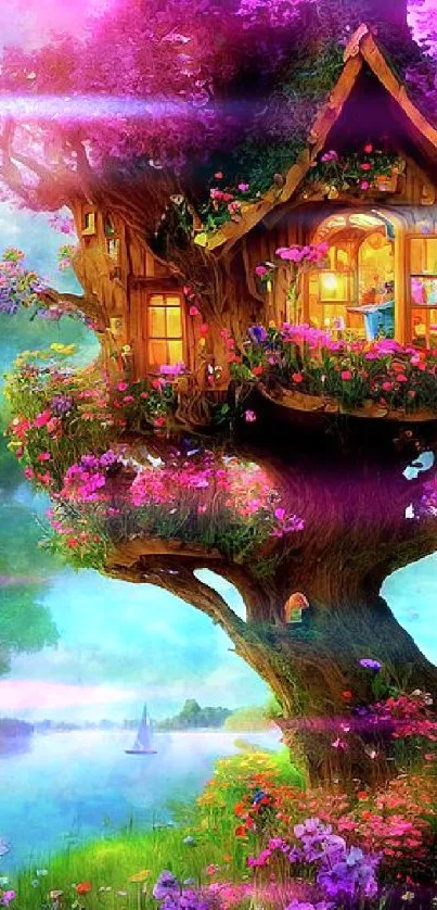 Enchanting colorful tree house wallpaper with vibrant blossoms.