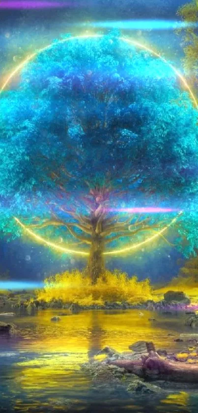 Luminous blue tree in a mystical forest with a glowing circle.