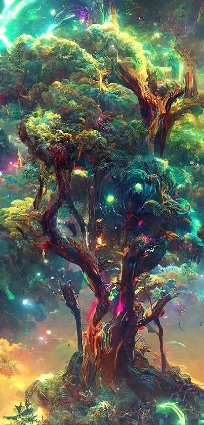 Enchanted tree with neon colors in a cosmic fantasy landscape.