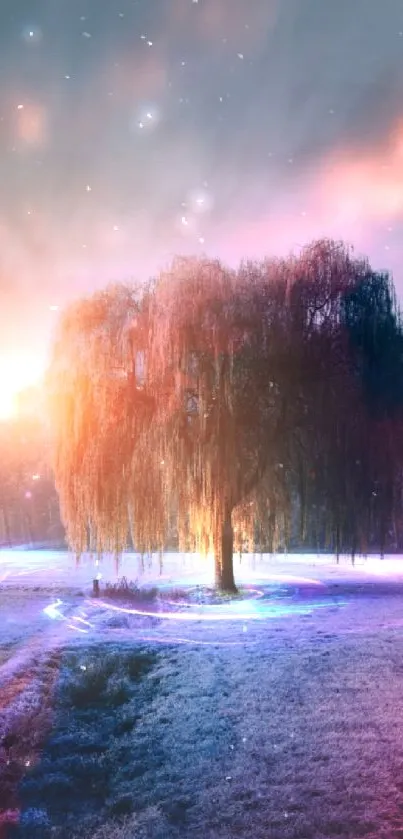 Enchanted tree with vibrant glow and mystical atmosphere in a dreamy landscape.