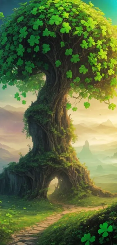 Enchanted tree with lush green leaves in a fantasy landscape mobile wallpaper.