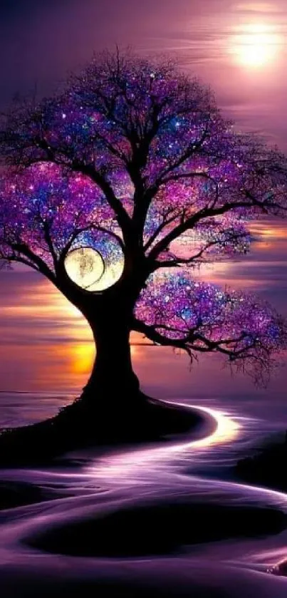 Enchanted tree under a moonlit sky, creating a mystical night wallpaper.