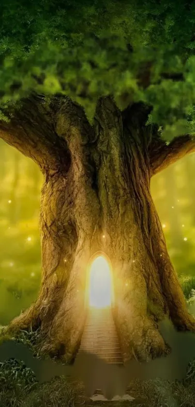 Enchanted tree with glowing portal in forest wallpaper.