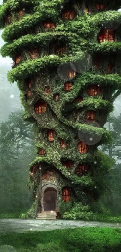 Enchanted tree tower with lush foliage in a mystical landscape.