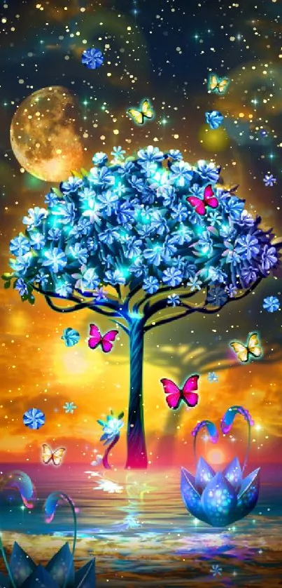 Fantasy tree with butterflies under a moonlit sky.