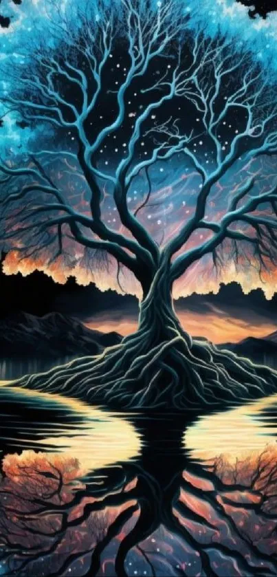 Enchanted tree with cosmic night sky and vibrant reflection.