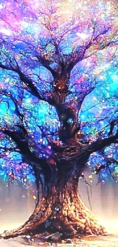 Vibrant enchanted tree with luminous colors on mobile wallpaper.