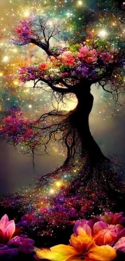 Enchanted tree with cosmic lights and vibrant flowers in magical night scenery.